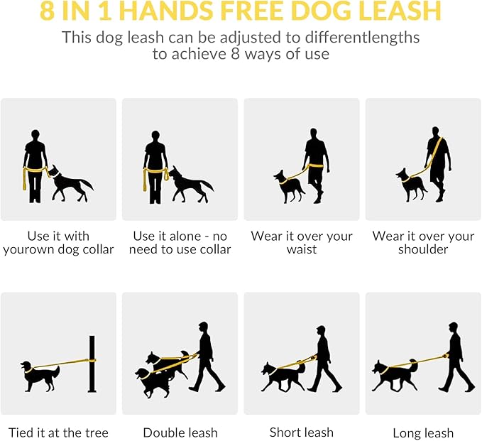 8.2ft Hands Free Dog Leash,Versatile Waist & Crossbody Lead for Medium Dogs,Waterproof & Adjustable for Running Jogging Walking, 360° Swivel Metal Buckle (Yellow)