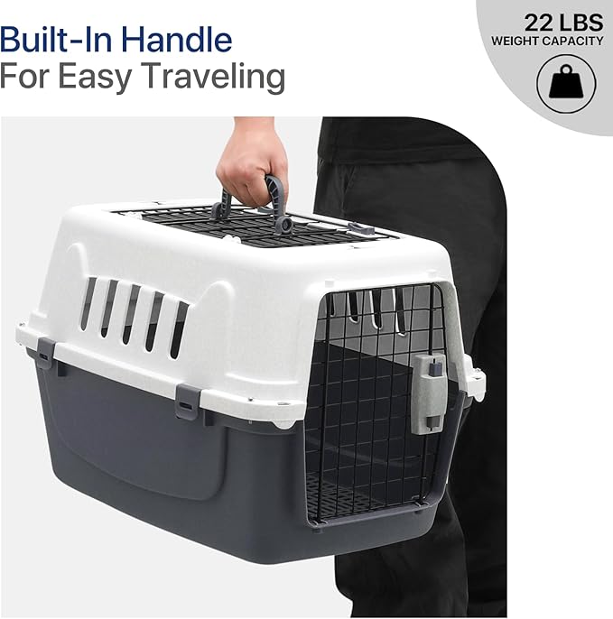 22 Inch Hard-Sided Plastic Dog Carrier 2 Door Travel Crate for Small Dogs Cats up to 22 lbs, Durable Handle, Security Lock Design, Gray