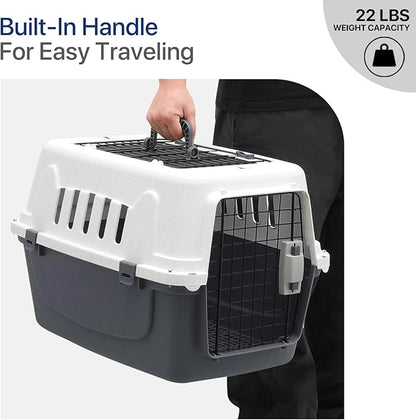 22 Inch Hard-Sided Plastic Dog Carrier 2 Door Travel Crate for Small Dogs Cats up to 22 lbs, Durable Handle, Security Lock Design, Gray