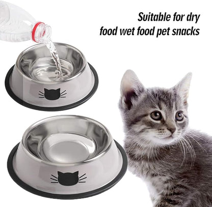 Cat Bowls for Food and Water,2PCS Rapsrk Non-Slip Stainless Steel 8 Oz Pet Bowl with Removable Rubber Base Dog Bowl,Stackable Cat Puppy Dishes Bowls with Cute Cats Painted