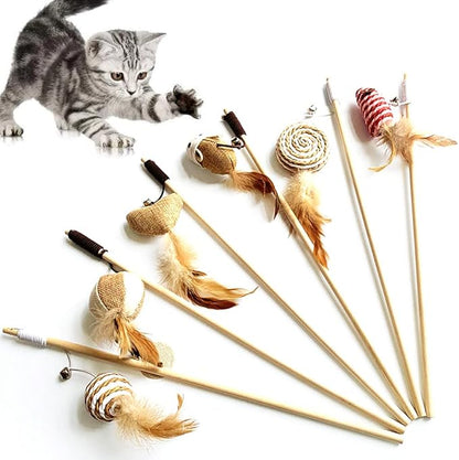 Artshu 6pcs 40cm Feather Linen Wand Cat Catcher Teaser Stick Interactive Toys Wood Rod Mouse Toy with Mini Bell