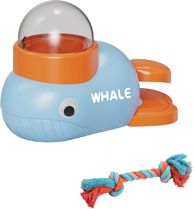 Whale Interactive Dog Treat Dispenser – Press Tail to Release Snacks, Puzzle Slow Feeder Toy for Dogs with Bonus Chew Rope Toy, Fun Training Game & Mental Enrichment, Easy to Clean and Refill (Blue)
