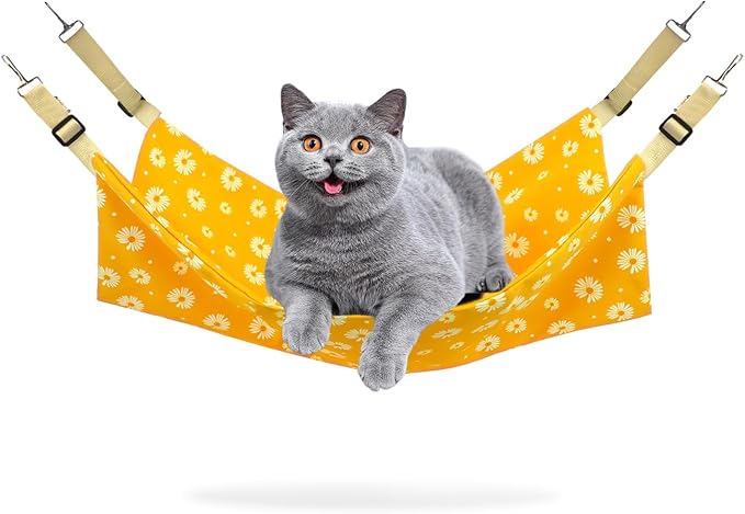 Andiker Cat Hammock for Cage Hanging, Reversible Kitten Cage Hammock with Metal Hooks for Cats for Sleeping and Playing, 22 * 18 in Double-Layer Hanging Cat Bed to Hang in Cages (Yellow, L)