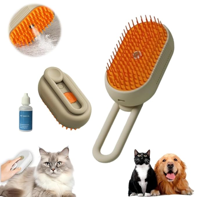 Pet Steam Groomer Comb,2024 Upgraded 3 in 1 Cat Steam Brush Pet Hair Steamy Brushes,Grooming Comb Tool for Pets Hair Removal with Steam for Massage Cleaning Shedding (Khaki, Long)