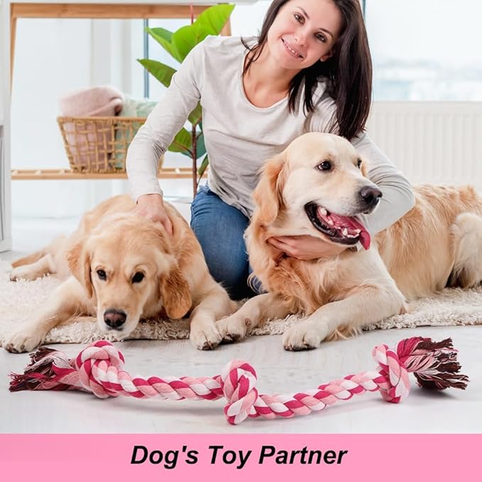 SZEE Dog Rope Toys, 24 in 3 Knots Chew Rope for Small, Medium and Large Dogs, Natural Cotton Pet Pull Toy for Tug of War and Teeth Cleaning, Fits Valentine’s Day Vibe (Pink)