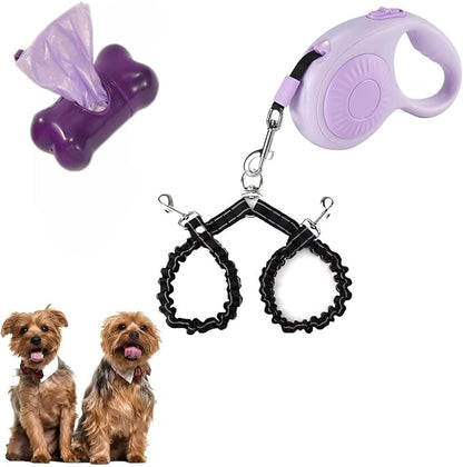 Double Dog Leash for Walking 2 Small Dogs (Up to 33 Lbs Each), Dual Retractable 9.8ft Extendable Strong Nylon Tape Pet Leash with Poop Bags, One-Handed Brake, Pause, Lock (Purple)