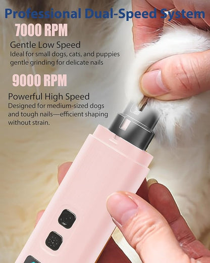Electric Dog Nail Grinder with 2 Level LED Lights, 2 Speed Super Quiet and Low Vibration Electric Cat Nail Grinder - Rechargeable Pet Nail Grinder for Small Dogs Cats - Pink