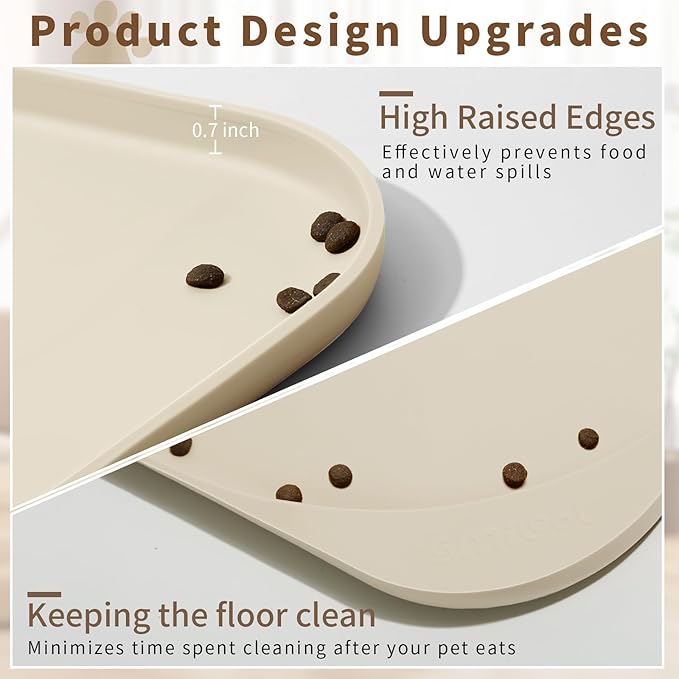 Silicone Pet Food Mat with Raised Edge for Food and Water Bowl, Dog Feeding Mats, Cat Food Trays for Floor Waterproof, Rubber Tray for Dogs and Cats, 19 x 12 x 0.7 Sand White (Yellow Cast)
