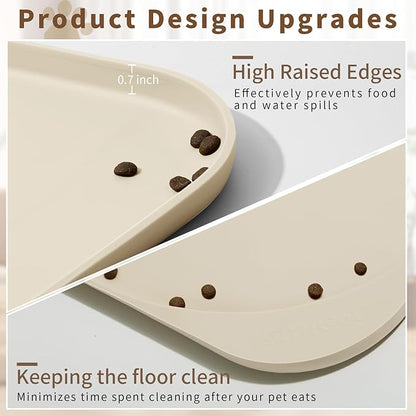 Silicone Pet Food Mat with Raised Edge for Food and Water Bowl, Dog Feeding Mats, Cat Food Trays for Floor Waterproof, Rubber Tray for Dogs and Cats, 19 x 12 x 0.7 Sand White (Yellow Cast)
