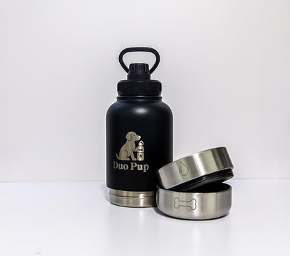 DuoPup 32oz Insulated Stainless Steel Pet Water & Food Bottle – Portable Leak-Resistant Dispenser with Two Detachable Bowls & Carrying Strap – Travel, Hiking & Outdoor Pet Hydration – LightGreen