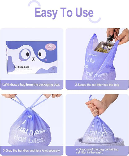 270 Count Cat Litter Bags Lavender Scented with Handles, Disposable Litter Bags for Pet Poop, Extra-Thick Kitty Waste Bags Easy Tie Leak-Proof Strengthen