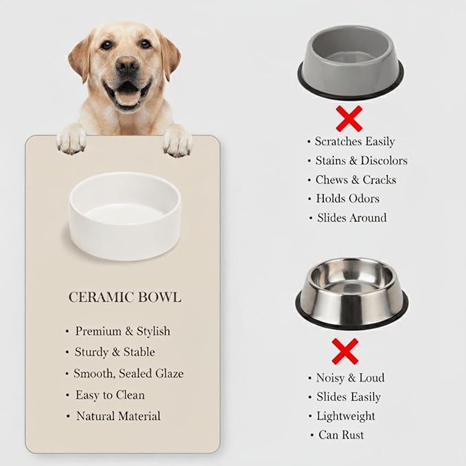 Ceramic Dog and Cat Bowl Modern Cute Weighted Food and Water Bowl Matte Glaze Pet Bowl for Replacement (White, 60.8 OZ)