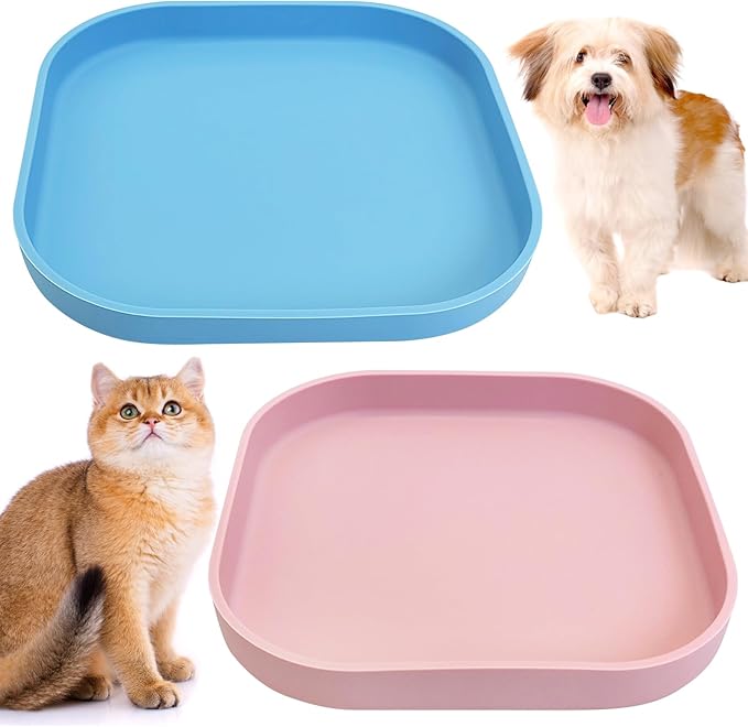 Fhiny 2PCS Silicone Cat Bowls Set 7.1 x 7.1 in Shallow Dog Dish Whisker Friendly Cat Food Plate for Dry & Wet Food Dishwasher Safe Non-Slip Pet Feeding Bowls for Kittens and Puppies (Pink+Blue)