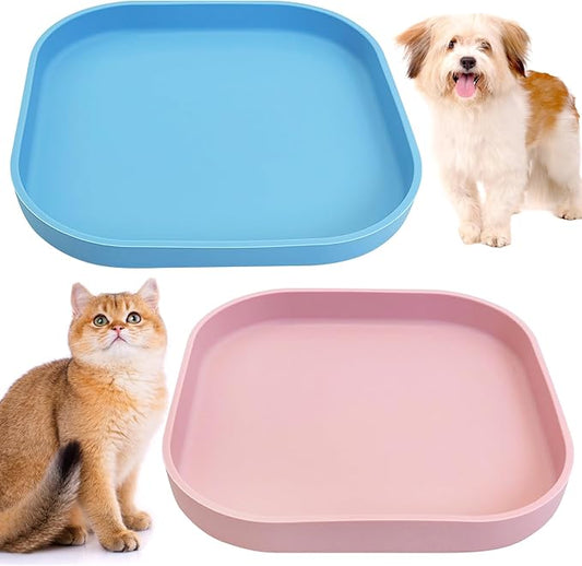 Fhiny 2PCS Silicone Cat Bowls Set 7.1 x 7.1 in Shallow Dog Dish Whisker Friendly Cat Food Plate for Dry & Wet Food Dishwasher Safe Non-Slip Pet Feeding Bowls for Kittens and Puppies (Pink+Blue)