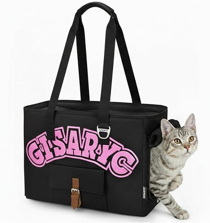Dog Purse Carrier for Small Dogs, Cats and Puppies – Soft-Sided Foldable Pet Travel Bag with Multi Pockets, 3-Sided Mesh & Rollable Cover for Nervous Cats, Fits Pets up to 15 lbs (Black & Pink)
