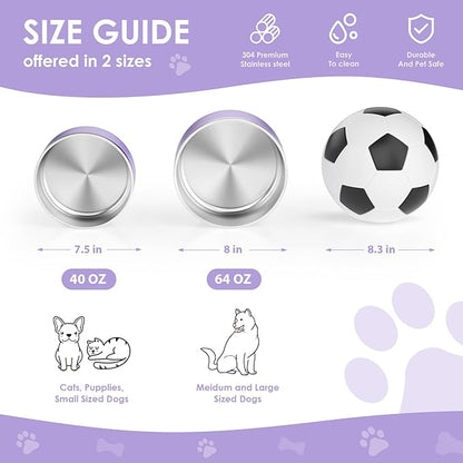 IKITCHEN Dog Bowl for Food and Water, 64 Oz Stainless Steel Pet Feeding Bowl, Durable Non-Skid Insulated Heavy Duty with Rubber Bottom for Medium Large Dogs (64 Ounces/8 Cup, Light Purple)