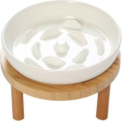 Raised Slow Feeder Cat Bowl, 5.9 Inch Wide Shallow Ceramic Elevated Glass Food Bowl Puzzle Feeders, Anti Vomit Cat Dish, Whisker Friendly Pet Plates Feeding Station for Indoor Cats, Kitten(1 Set)