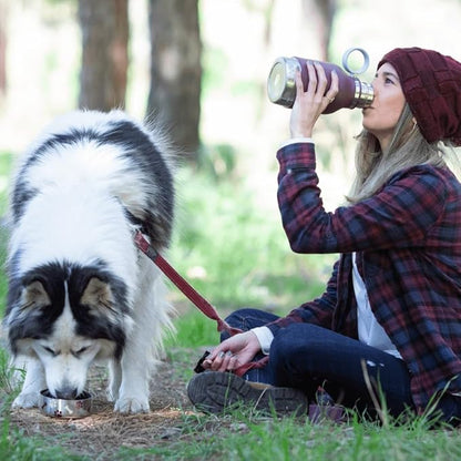 Asobu Buddy Bottle a Stainless Steel Insulated Water Bottle for with Removable Dog Water Bowl and Dog Food and Treat Storage Bowl (Burgundy, 37 Oz Water Bottle with Bowl)