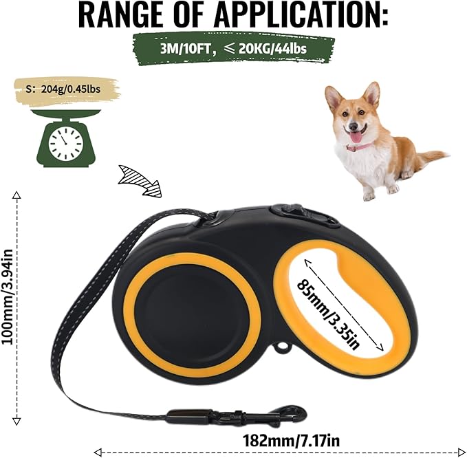 Retractable Dog Leash, 360° Tangle-Free Highly Reflective Nylon Tape, Non-Slip Rubberized Handle, 10-16FT Long Dog Leash for Dogs up to 66LBS,S-Black