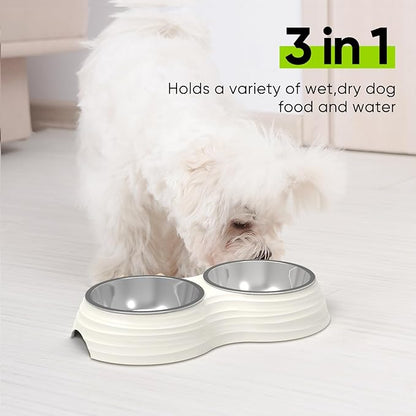 Stainless Steel Dog Bowls Set, Double Food & Water Bowls for Dogs, Dual Dog Food Bowl with 2 Medium (14oz*2) Bowl, Non-Slip Pet Bowls Suitable for Puppies, Cats and Medium Breed Dogs (White)