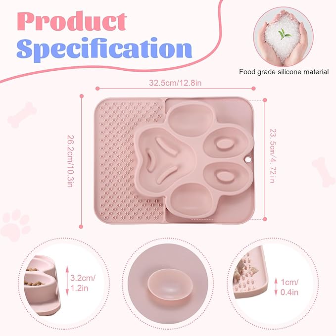 Silicone Slow Feeder Dog Bowls & Cat Bowls, 2 Cups Small Pet Food Bowl with Non-Slip Suction Base, Food-Grade Safe Puzzle Feeder for Small & Medium Dogs & Indoor Cats (Paw Lick Mat (Pink))