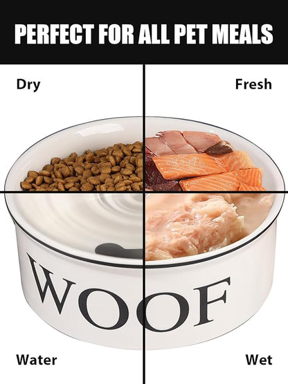 Ceramic Dog Bowl with Bone Pattern - 8" Extra Large Food Water Bowl for Medium and Large Dogs, Weighted, Microwave & Dishwasher Safe, 55 oz (Beige)