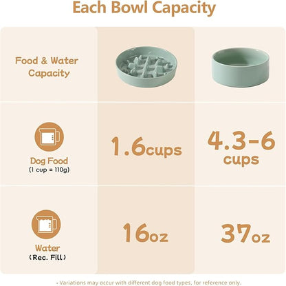 Ceramic Raised Slow Feeder Dog Bowl Set, Elevated 7.3inch Bowl and 8.2inch Slow Pet Food Dish with Wooden Stand for Medium and Large Dog (2 x Light Green+ Stand)