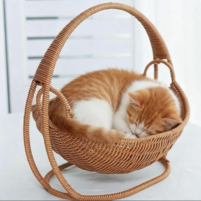 Cat Cradle Hammock Rattan Styles Cute Creative Hanging Kit with Stand Cups, Indoor Outdoor Hanging Swing Bed for Cats, Small Dogs & Small Animals, Ideal for Sleeping, Playing & Lounging (Small)