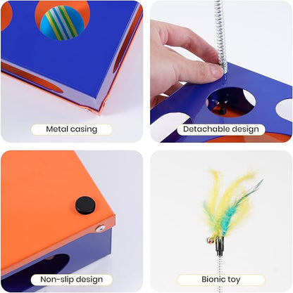 2026 New Metal Cat Scratch Puzzle Enrichment Box,cat Puzzle, 1 Spring-Loaded Colorful Feather Stick with a Bell,No Assembly Required, All Cats Indoor Play Toy