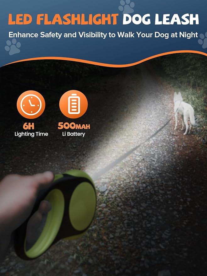 Retractable Dog Leash with LED Flashlight, Douexio Upgrade 3 in 1 Dog Leash Retractable for Small Medium Dogs Up to 66 lbs, 16ft, Anti-Slip Handle (Black-Green)