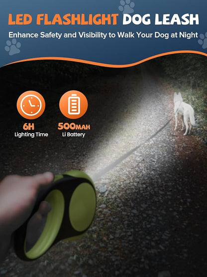Retractable Dog Leash with LED Flashlight, Douexio Upgrade 3 in 1 Dog Leash Retractable for Small Medium Dogs Up to 66 lbs, 16ft, Anti-Slip Handle (Black-Green)