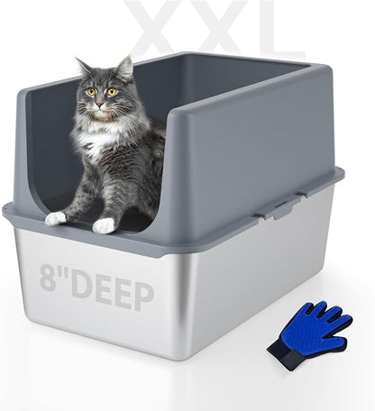 LIHONG Stainless Steel Litter Box with Lid, XL Metal Cat Box for Indoor Cats, Enclosure Cat Litter Pan for Large Cats, Non-Sticky Large Kitty Litter Box, Anti-Leakage, 23.5" X 15.5" X 16"