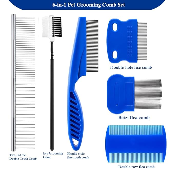 6 Pack Pets Grooming Comb Set, Flea Comb Set for Cats & Dogs, Professional Grooming Accessories for Pet, Flea Brush & Double Sided Tear Stain Remover