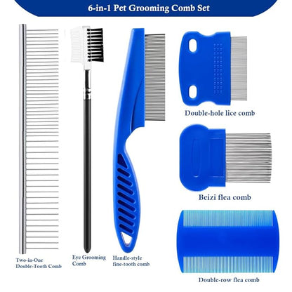 6 Pack Pets Grooming Comb Set, Flea Comb Set for Cats & Dogs, Professional Grooming Accessories for Pet, Flea Brush & Double Sided Tear Stain Remover