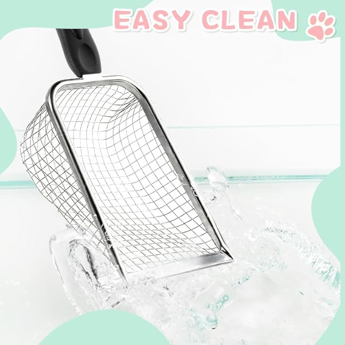 Cat Litter Scoop - Long Handle Scooper, Rustproof Stainless Steel Mesh, Non-Slip Grip, Deep Shovel Sifter for All Litter Types, Easy Clean Kitty Waste Litter for Litter Box(Red)
