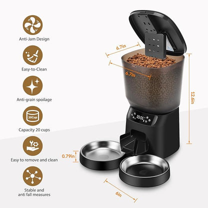 Automatic Cat Feeder and Water Dispenser Set, 5L/20 Cups Timed Cat Dry Food Dispenser, 2L Cats Water Fountain for Drinking with Filter, 10s Meal Call, 20 Portions 6 Meals Per Day