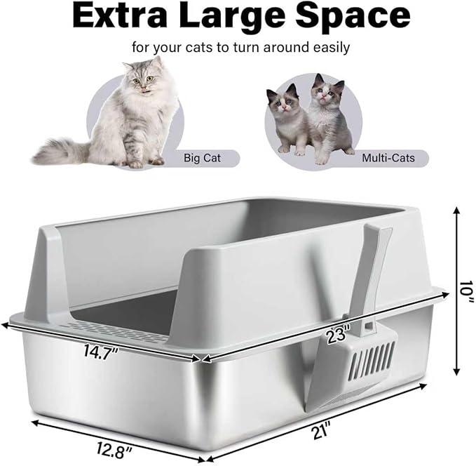 Stainless Steel Litter Box with Lid, XL Metal Litter Box, Anti-Urine Leakage Cat Litter Boxes Extra Large for Big/Multiple Cats, Never Absorbs Odors, Non-Stick, Includes Scooper and Mat