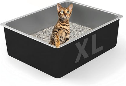 Stainless Steel Cat Litter Box - XL Metal High Sided Cat Pan Tray, Easy to Clean Non Stick Odorless Large Pet Toilet Supplies for Big Cats Kitty Kitten, 23.6 x15.75 x6 Inch, Black