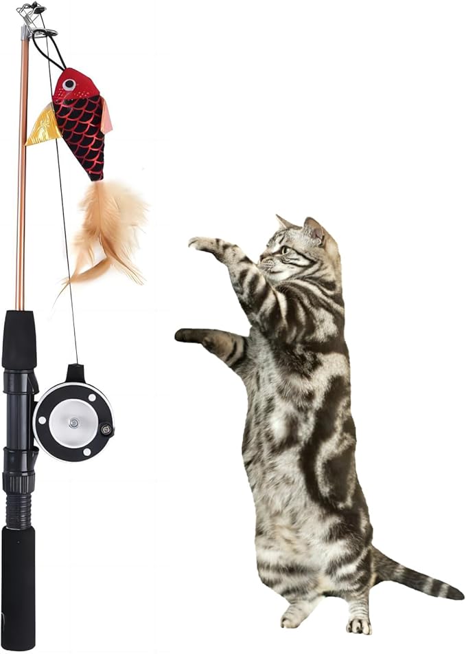 Retractable teaser cat stick, extra long fish & feather decorative cat fishing pole shape teaser cat stick, cat feather interactive toys, toys are replaceable, adjustable line length. (Saury fish)