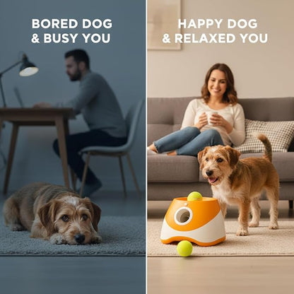 Dog Ball Thrower – Automatic Interactive Pet Tennis Ball Launcher with 6 Balls, USB Charging & Multiple Distance Settings Indoor & Outdoor Training & Play Toy for Small & Medium Dogs (Yellow)