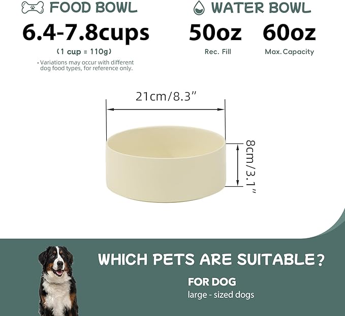 Ceramic 8.2inch Dog Bowl for Large-Breed Dogs, Anti-Slip and Weighted Pet Food and Water Bowl (Single Bowl -Light Yellow)