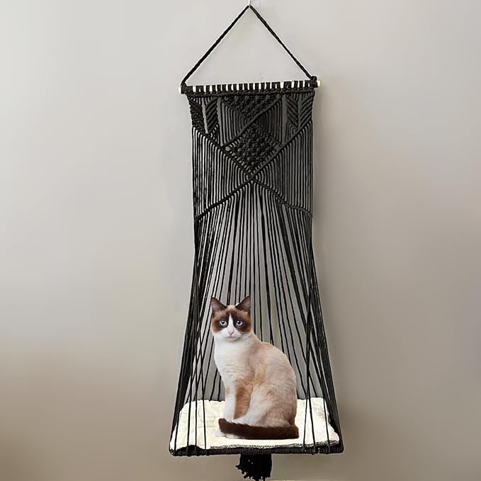 Macrame Hanging Cat Hammock Bed Cat Swing House Space Saving Window Perch with Washed Cotton Cats Toy Tassel Basket Tapestry (Black, Swing Bed+Cushion, XL)