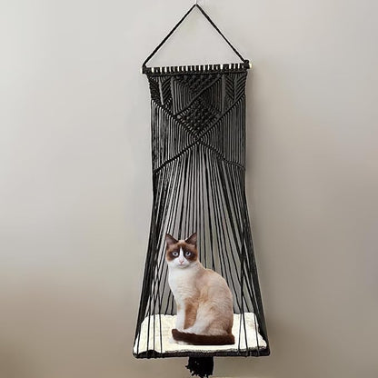 Macrame Hanging Cat Hammock Bed Cat Swing House Space Saving Window Perch with Washed Cotton Cats Toy Tassel Basket Tapestry (Black, Swing Bed+Cushion, XL)