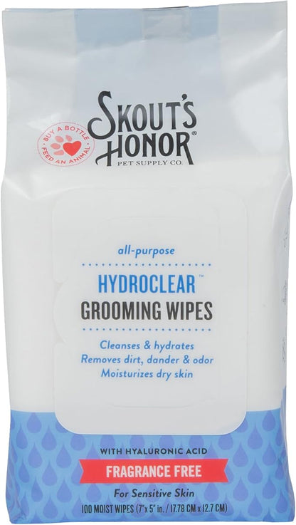 SKOUT'S HONOR HydroClear Grooming Wipes w/Hyaluronic Acid - for Your Dogs and Cats - Great for Hydration of Your Pets Skin and Fur - Fragrance-Free - 100ct