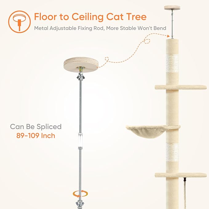 Cat Tree 5-Tier Floor to Ceiling Cat Tower with Cozy Hammock, 89-109 Inch Adjustable Height Sisal Scratching Post, Provides Vertical Enrichment for Jumping & Climbing, Beige