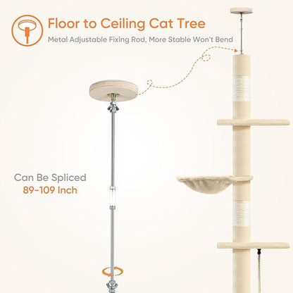 Cat Tree 5-Tier Floor to Ceiling Cat Tower with Cozy Hammock, 89-109 Inch Adjustable Height Sisal Scratching Post, Provides Vertical Enrichment for Jumping & Climbing, Beige
