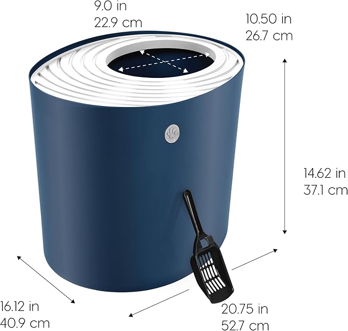 IRIS USA Large Top Entry Cat Litter Box Made in USA, Covered Enclosed Design with Lid, Litter Catching Grooved Top, Scatter Shield, Dog Proof, Scoop Included, Odor Control, Navy/White
