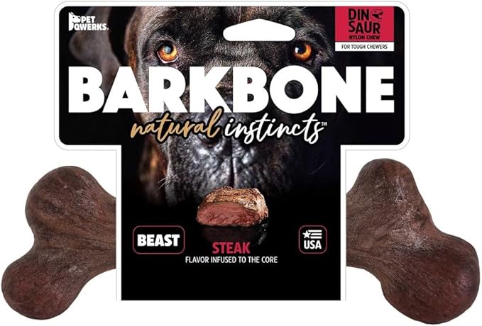 Pet Qwerks Dinosaur BarkBone - Nylon Dog Bone for Aggressive Chewers - Bacon Flavor - 9.75"