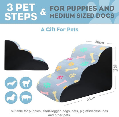 Pet Stairs, 3-Steps Dog Stairs, Removable and Washable Dog Stairs with Slope Steps and Non-Slip Bottom, Soft and Comfortable Dog Ramp(Pink-Bones)