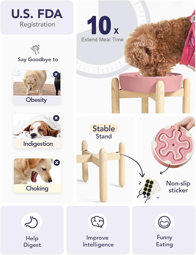 LE TAUCI Ceramic Slow Feeding Dog Bowls with Wooden Stand, Anti-Gulping, Non-Slip, Easy to Clean, Dishwasher Safe, 8 Inch, for Medium Dogs
